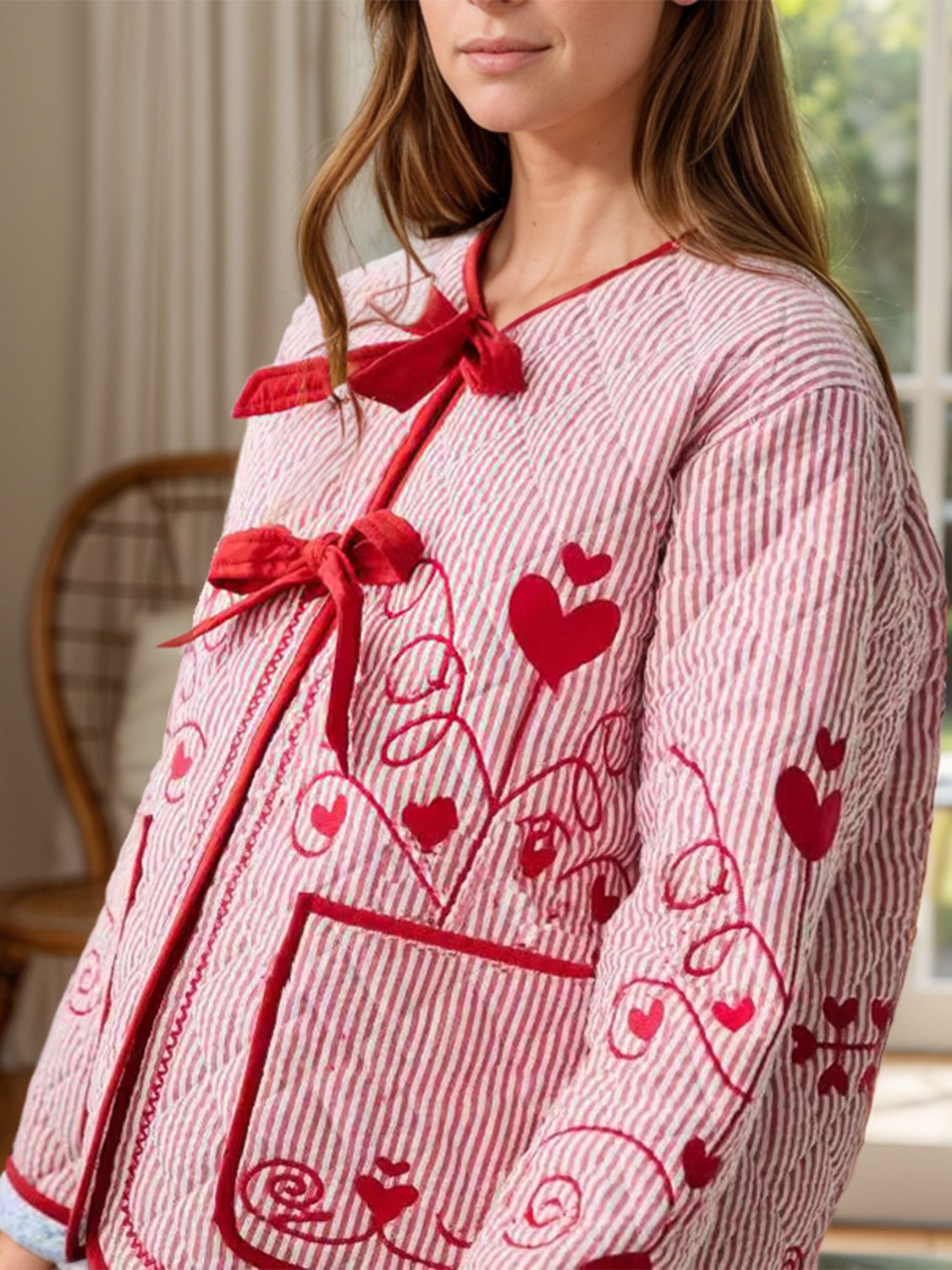 Embroidered Tied Striped Round Neck Coat-Angel Casuals