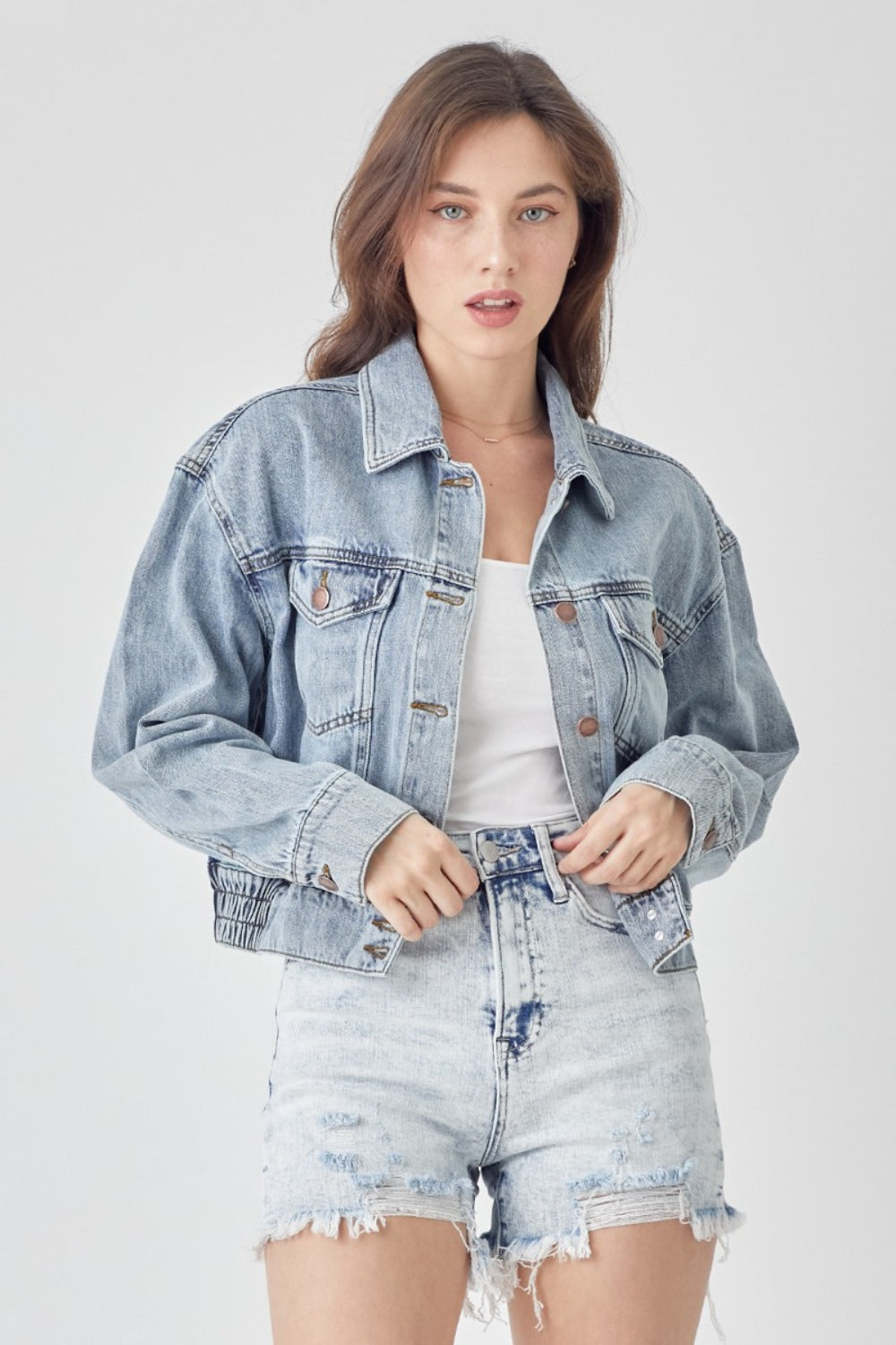 RISEN Full Size Button Down Cropped Denim Jacket-Angel Casuals