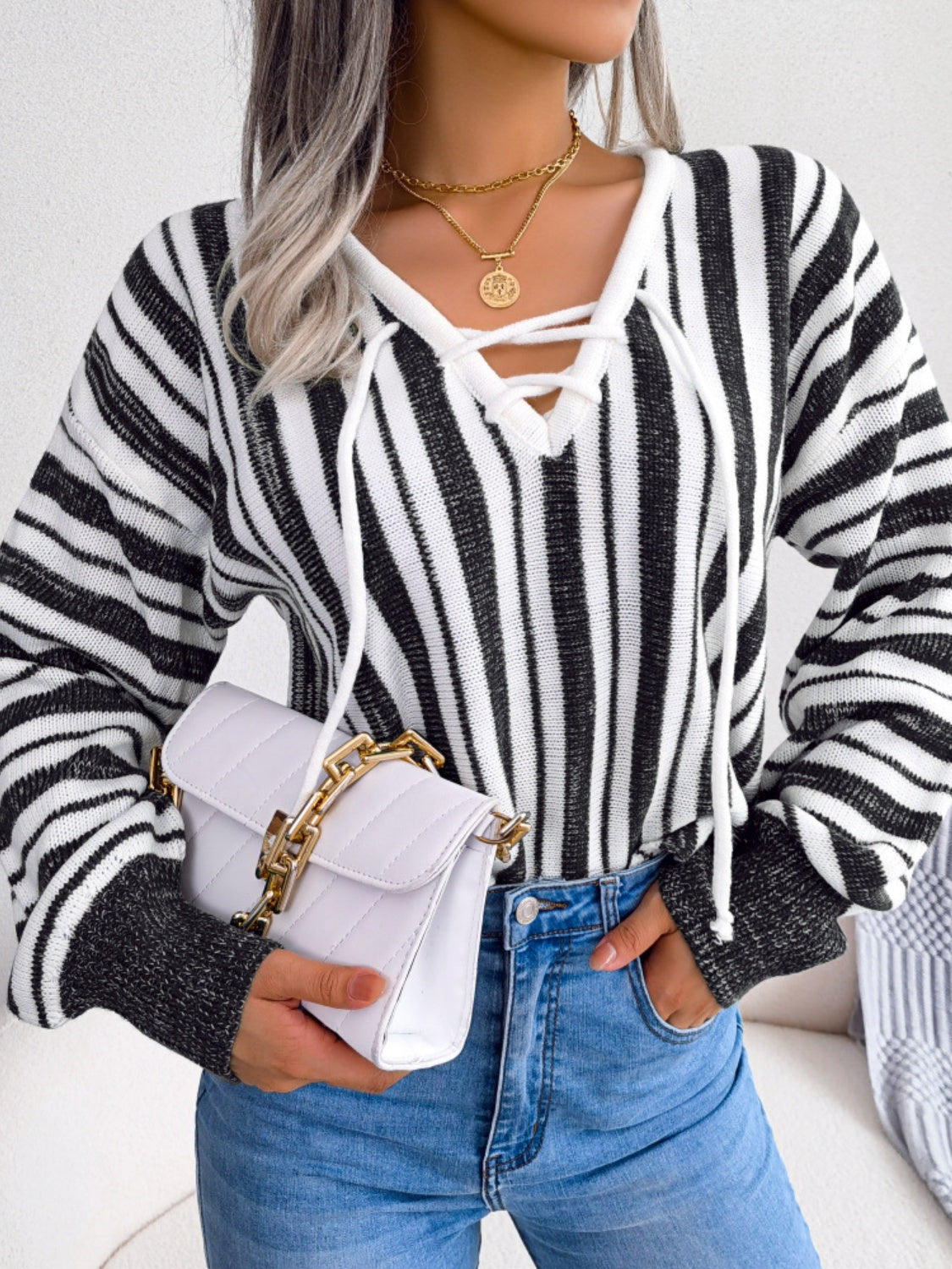 Striped Lace-Up Long Sleeve Sweater-Angel Casuals