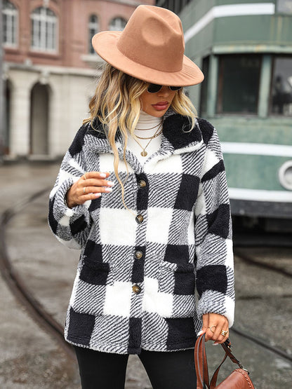 Plaid Collared Neck Button Down Jacket-Angel Casuals