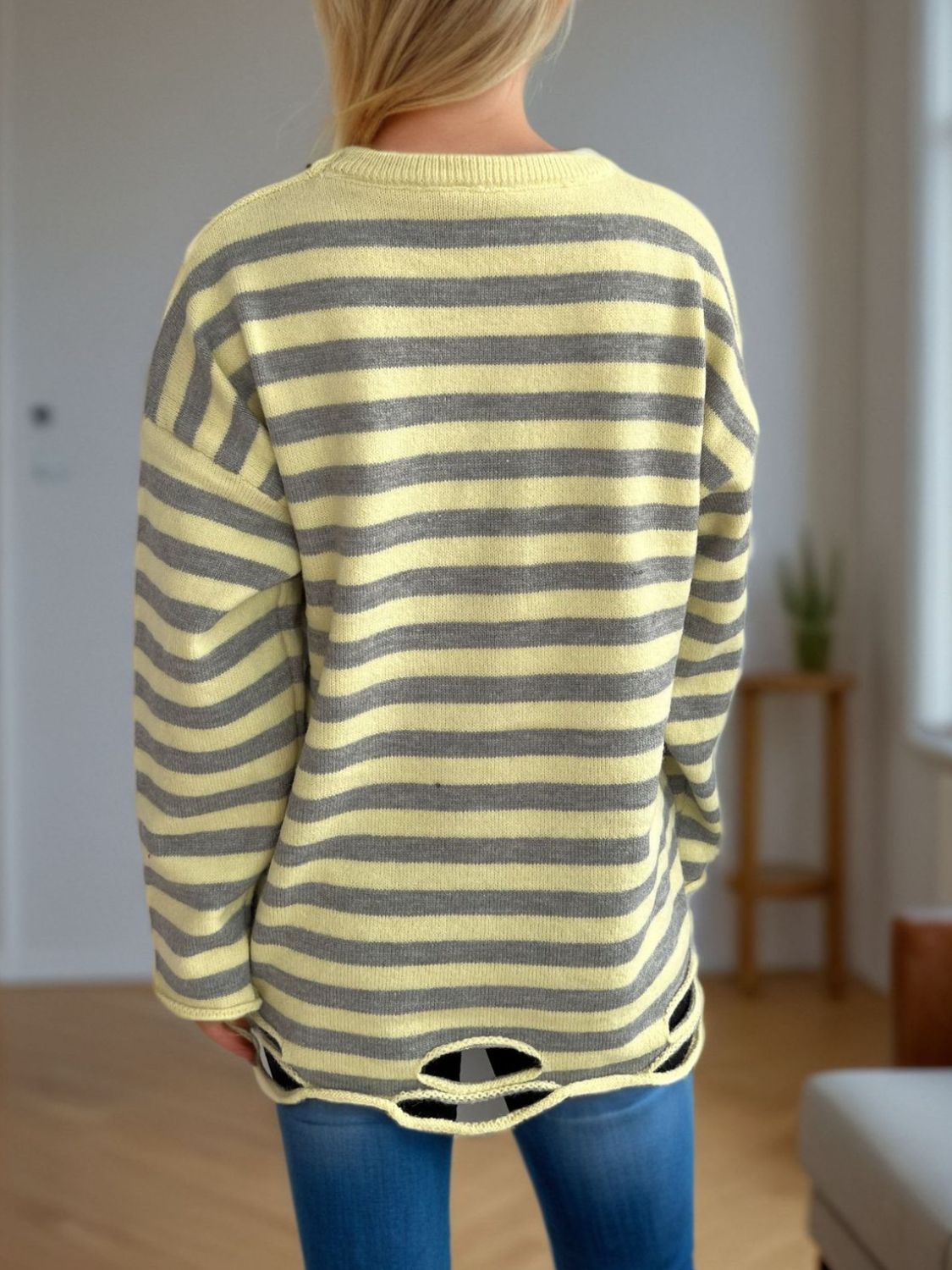 Distressed Striped Round Neck Long Sleeve Sweater-Angel Casuals