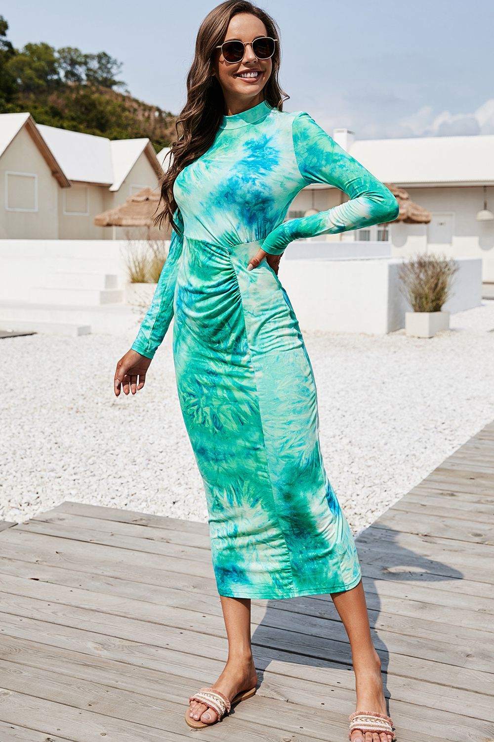Tie Dye Mock Neck Long Sleeve Dress-Angel Casuals