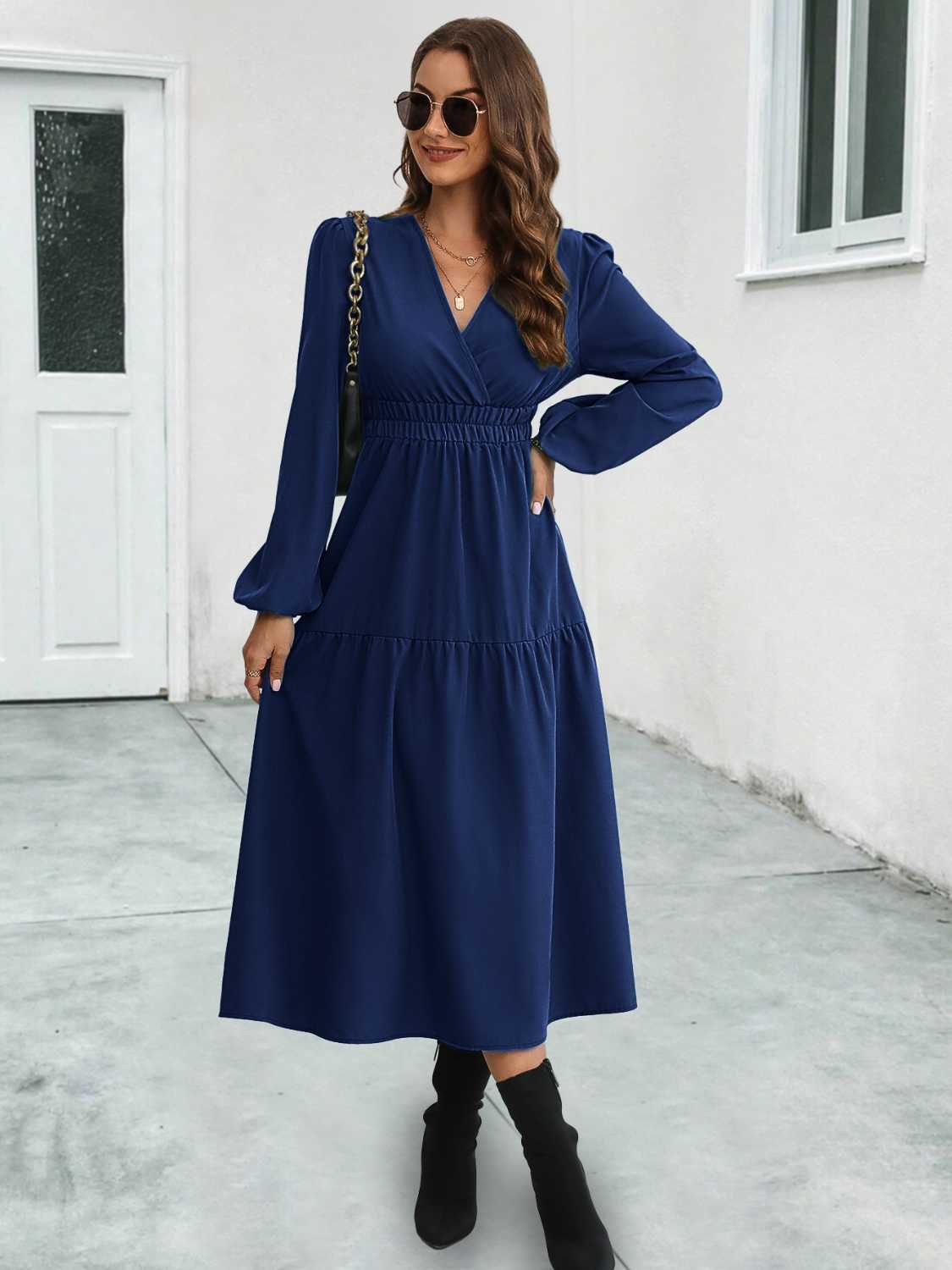Surplice Neck Long Sleeve Midi Dress-Angel Casuals