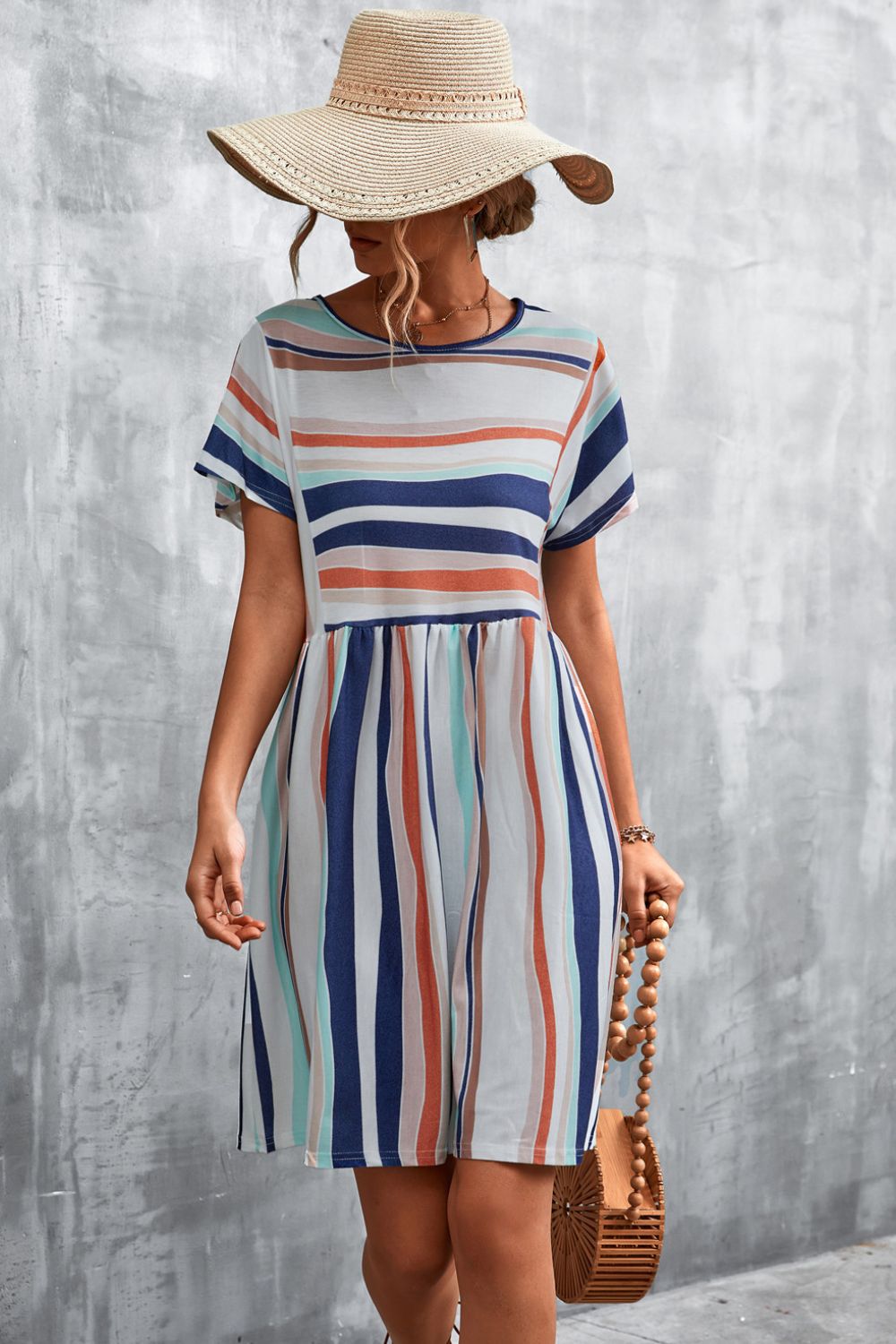 Striped Round Neck Dress-Angel Casuals