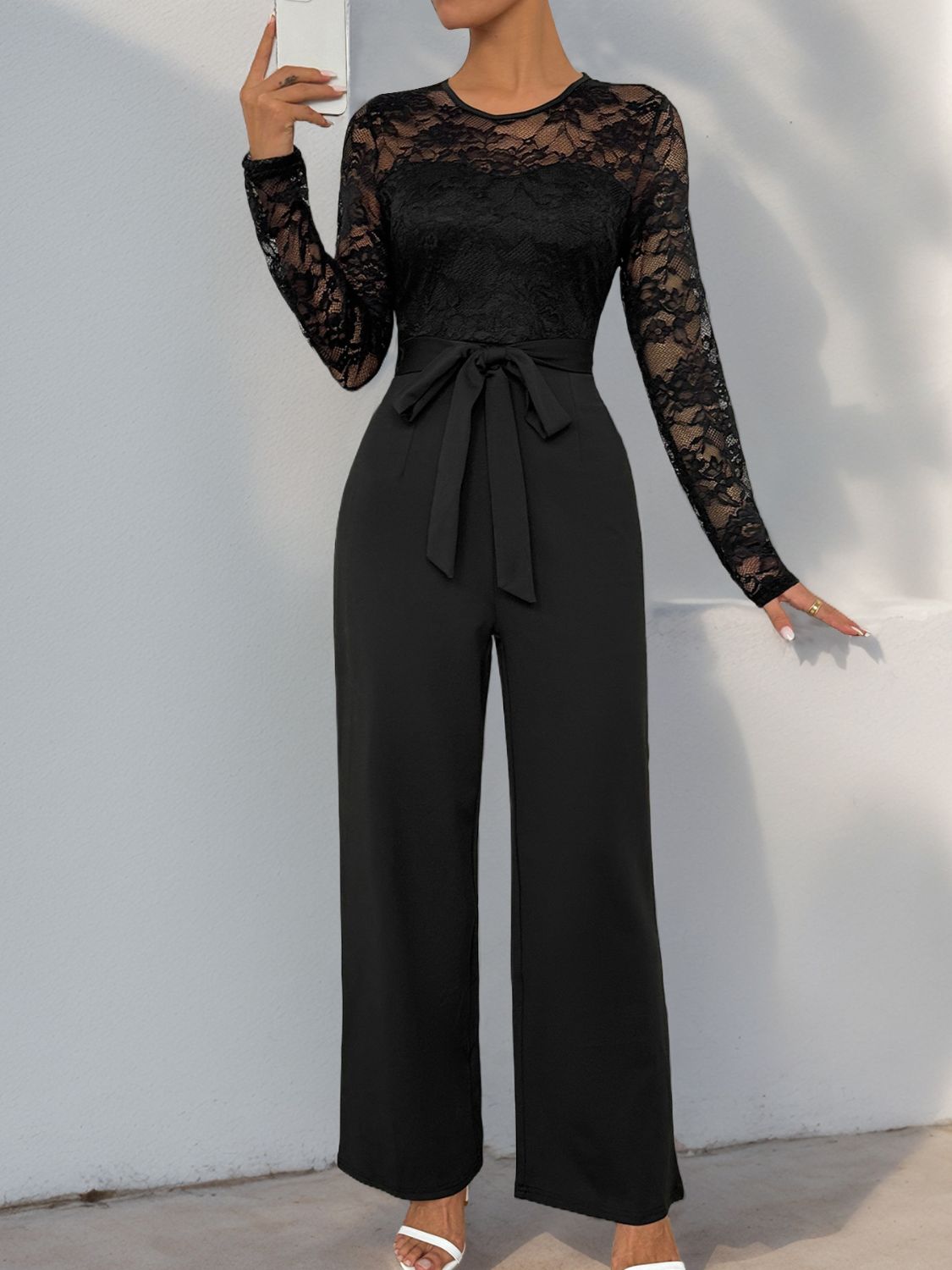 Perfee Lace Round Neck Long Sleeve Jumpsuit-Angel Casuals