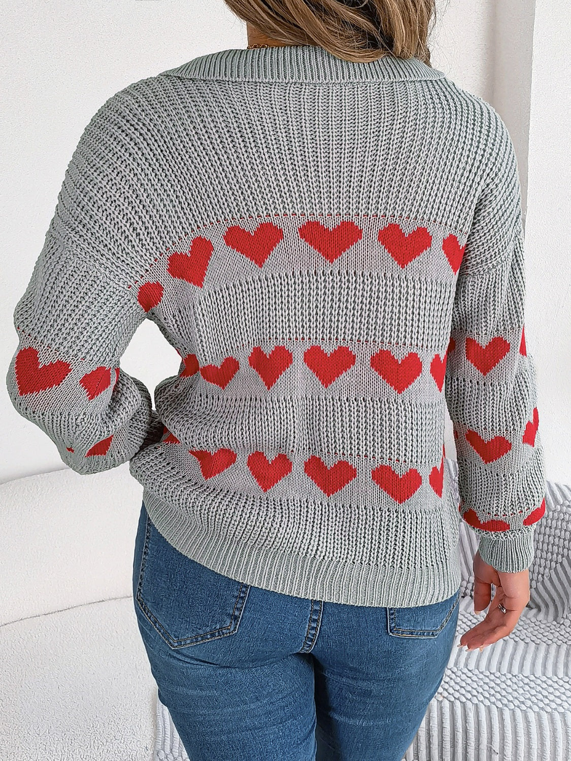 Heart Johnny Collar Long Sleeve Sweater-Angel Casuals