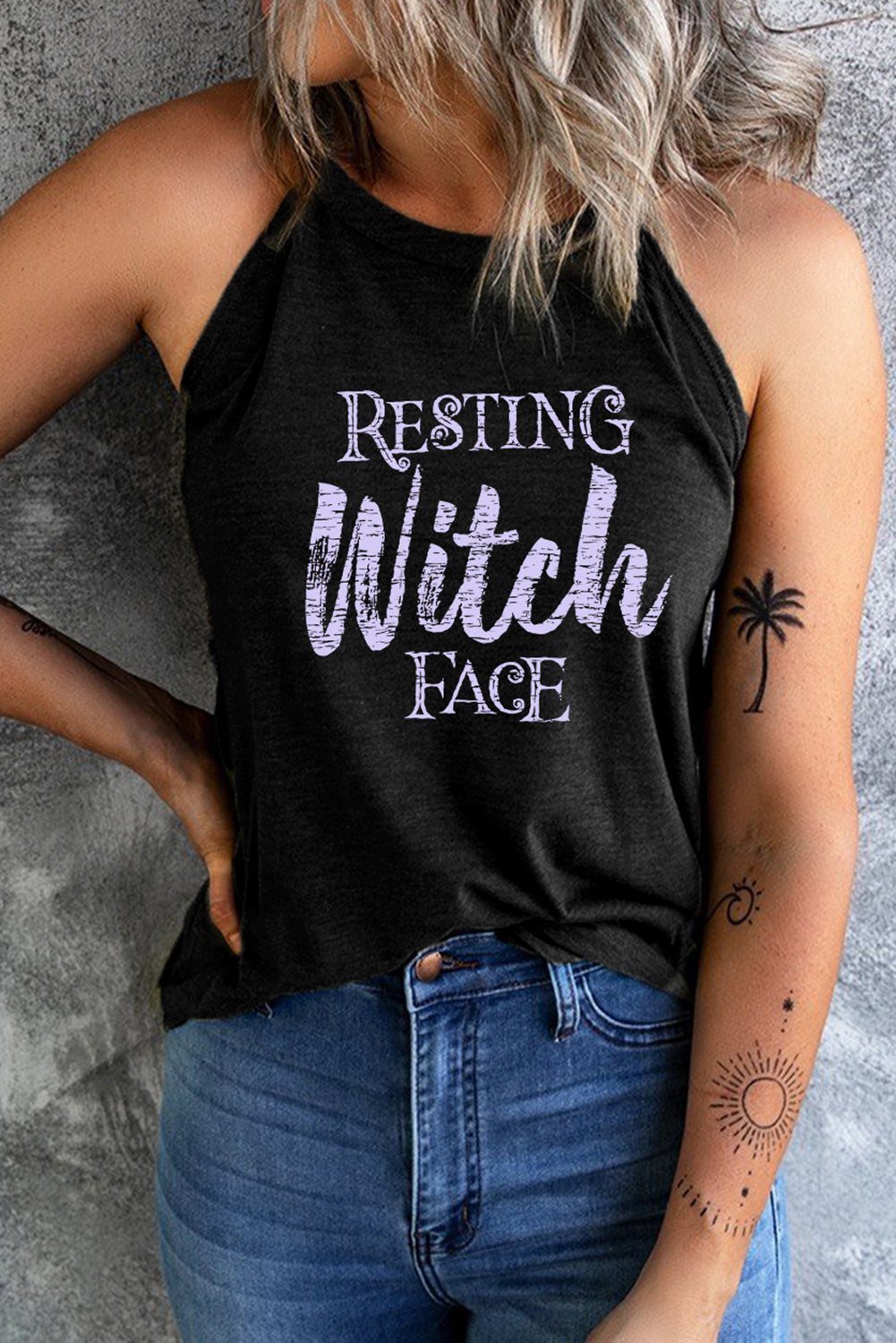 Round Neck RESTING WITCH FACE Graphic Tank Top-Angel Casuals