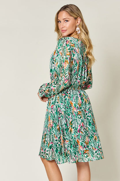 Double Take Full Size Printed Drawstring Waist Long Sleeve Dress-Angel Casuals