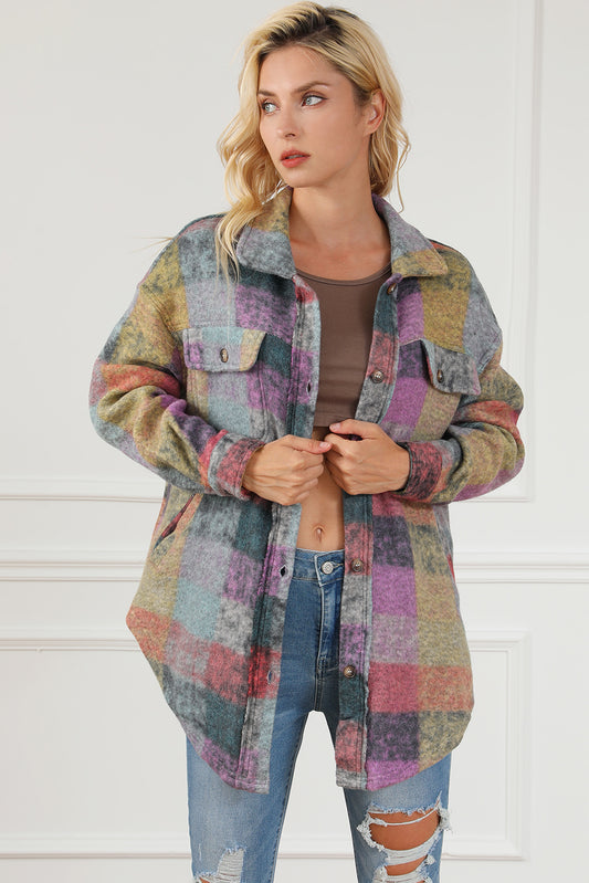 Plaid Collared Neck Button Front Jacket-Angel Casuals