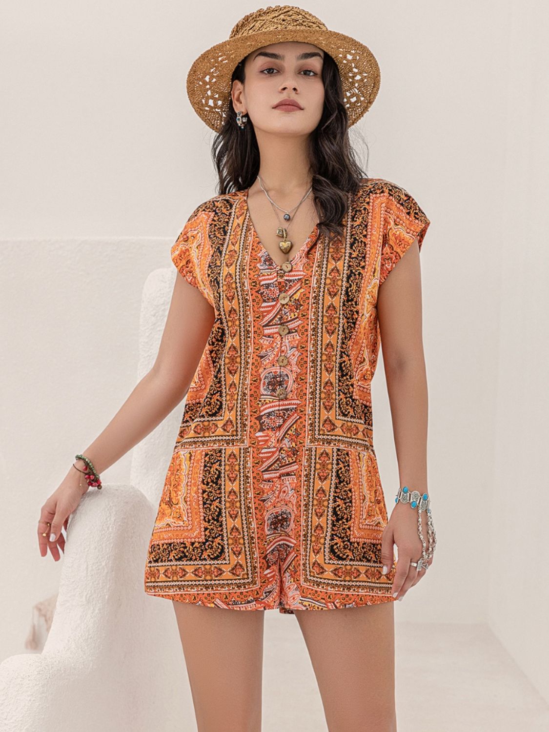 Printed V-Neck Cap Sleeve Romper-Angel Casuals