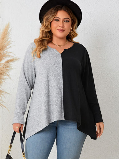 Plus Size Contrast Notched Neck T-Shirt-Angel Casuals