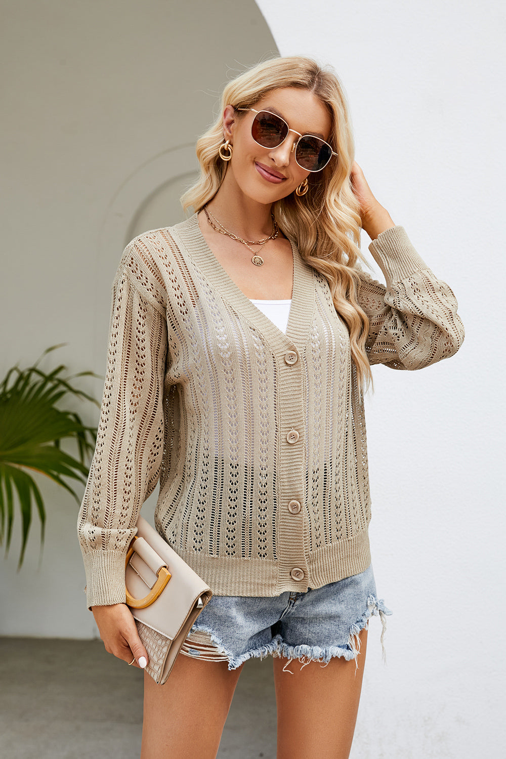 Openwork Button Front V-Neck Cardigan-Angel Casuals