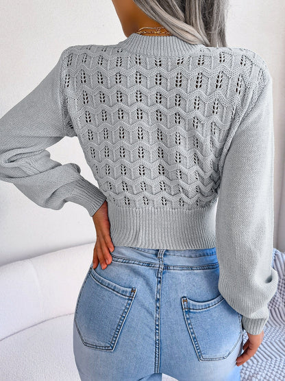 Openwork Mock Neck Long Sleeve Cropped Sweater-Angel Casuals