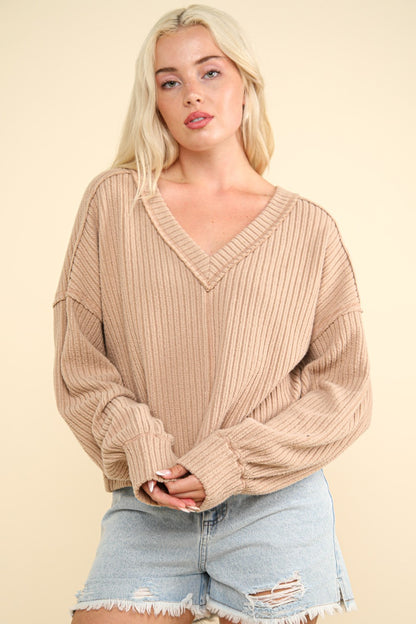 VERY J Exposed Seam V-Neck Ribbed Knit Top-Angel Casuals