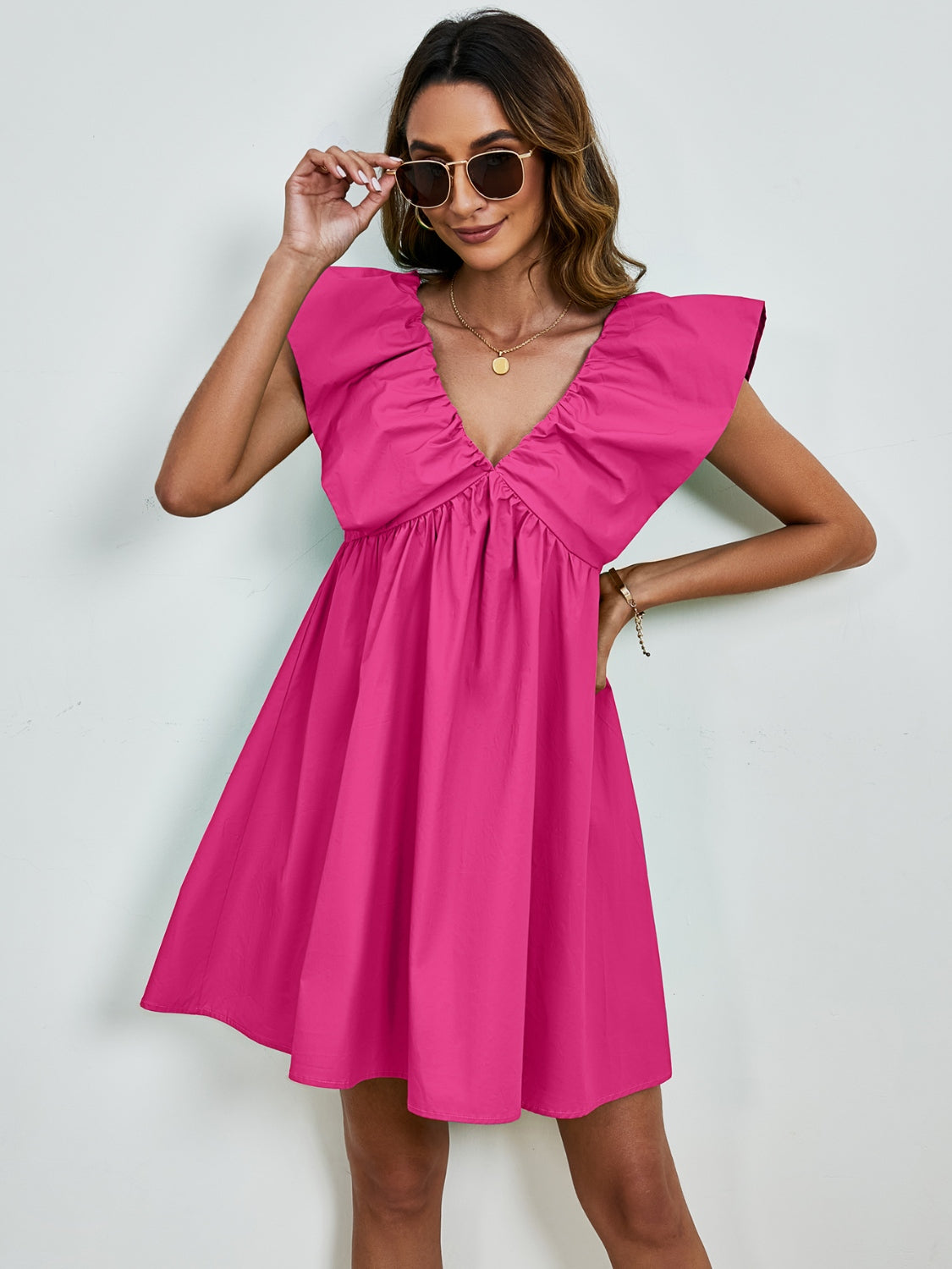 V-Neck Cap Sleeve Mini Dress-Angel Casuals