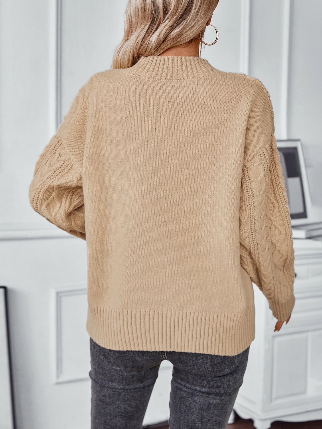 Cable-Knit Notched Long Sleeve Sweater-Angel Casuals