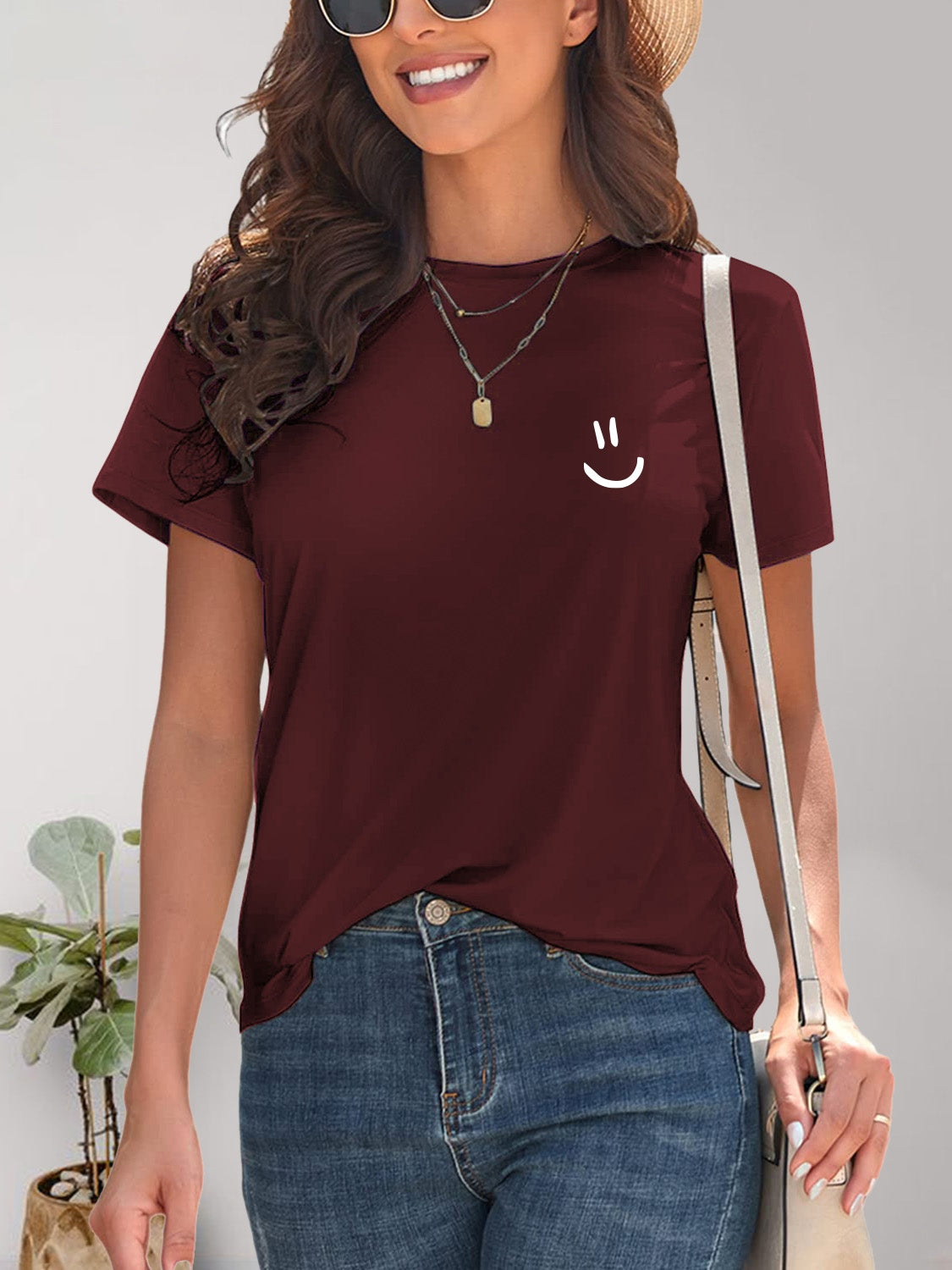 Smile Graphic Round Neck Short Sleeve T-Shirt-Angel Casuals