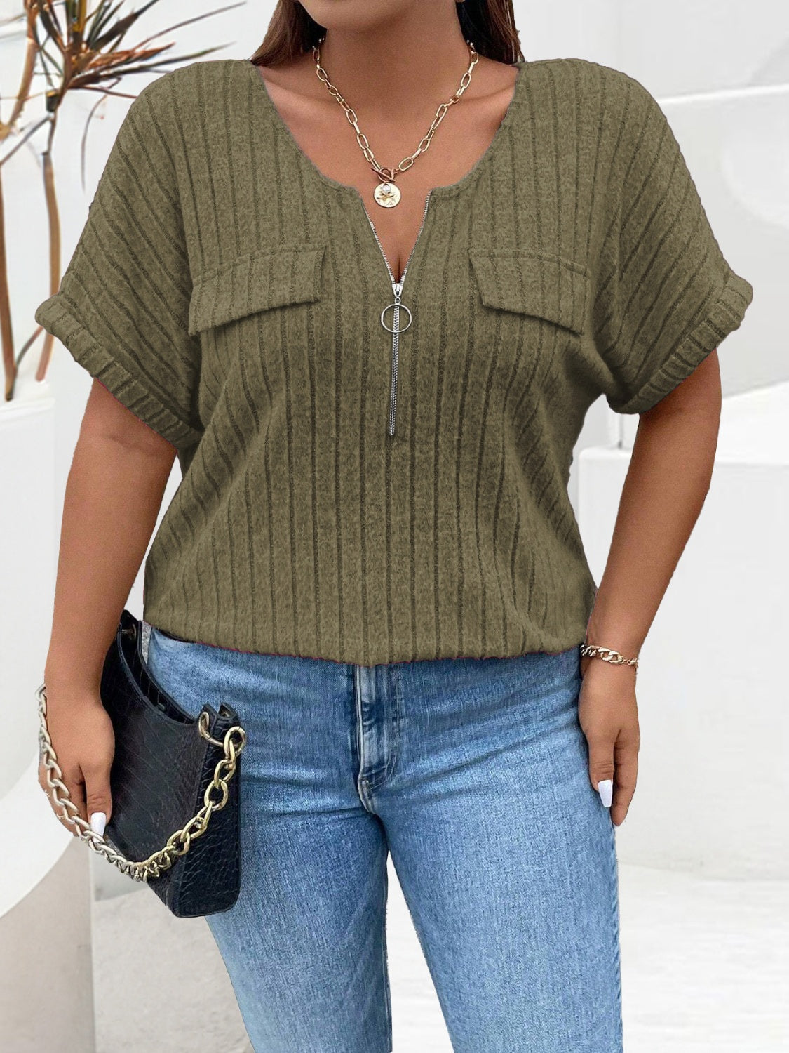 Plus Size Half Zip Short Sleeve T-Shirt-Angel Casuals