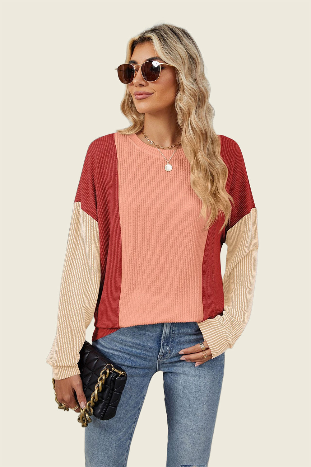 Double Take Texture Contrast Round Neck Long Sleeve T-Shirt-Angel Casuals