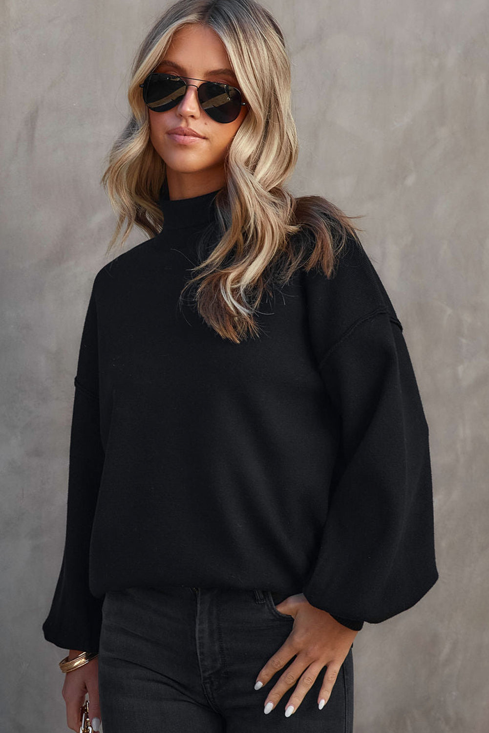 Mock Neck Dropped Shoulder Sweater-Angel Casuals