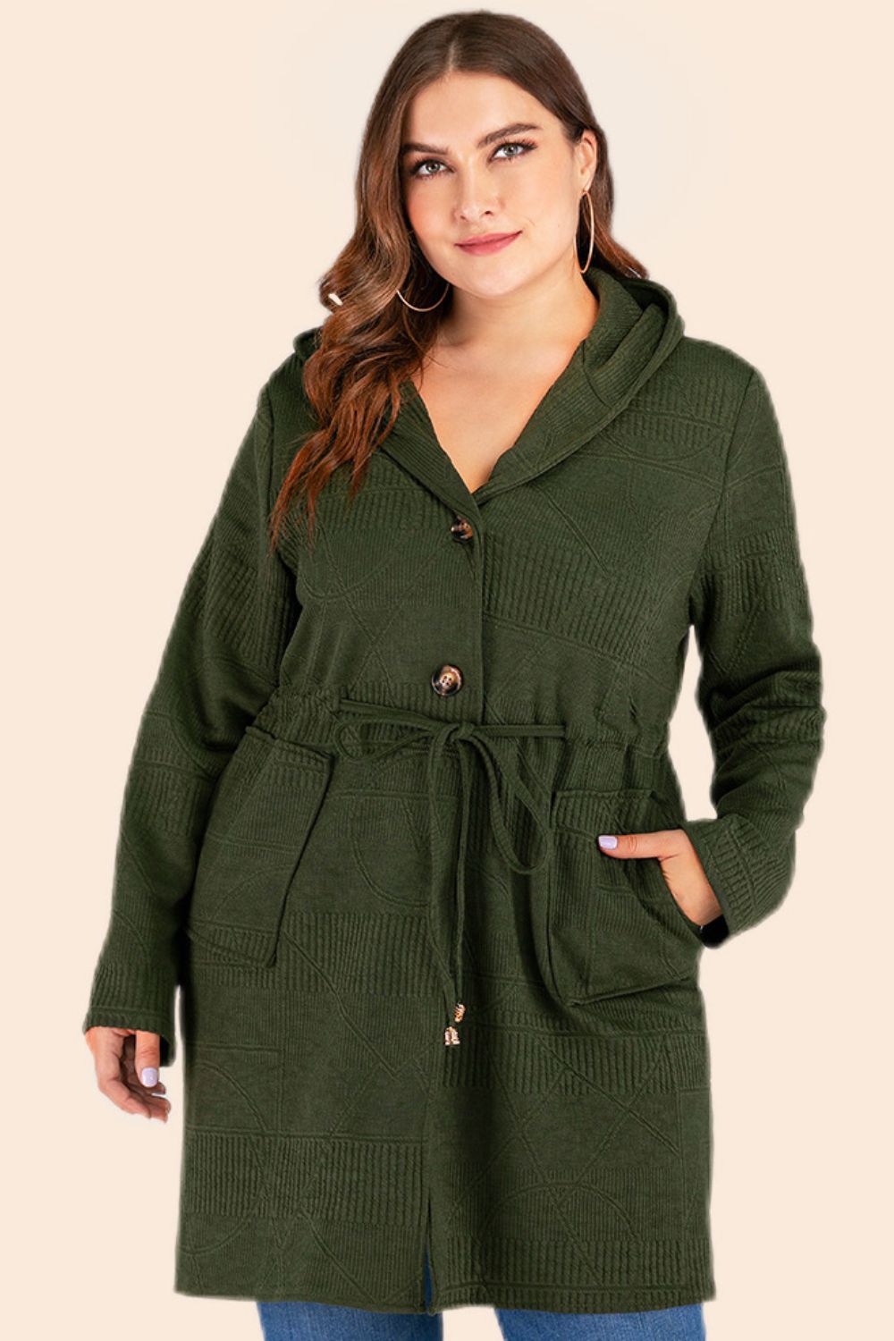 Plus Size Drawstring Waist Hooded Cardigan with Pockets-Angel Casuals