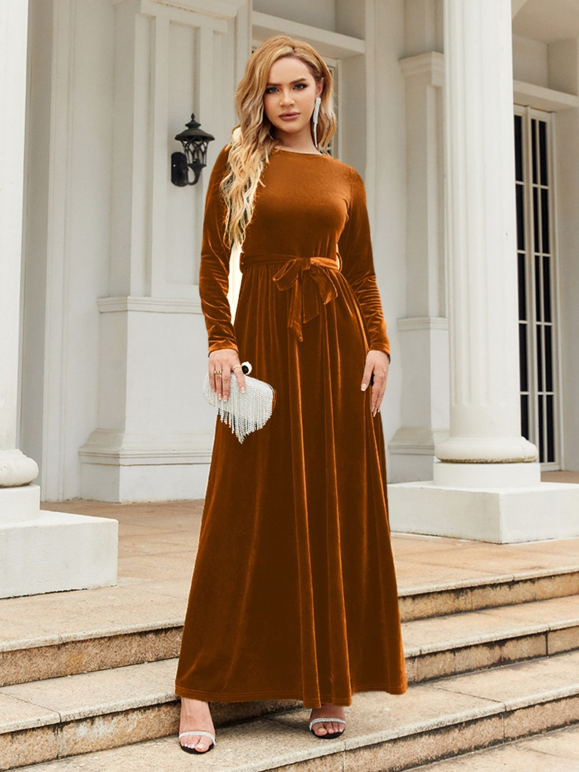 Tie Front Round Neck Long Sleeve Maxi Dress-Angel Casuals