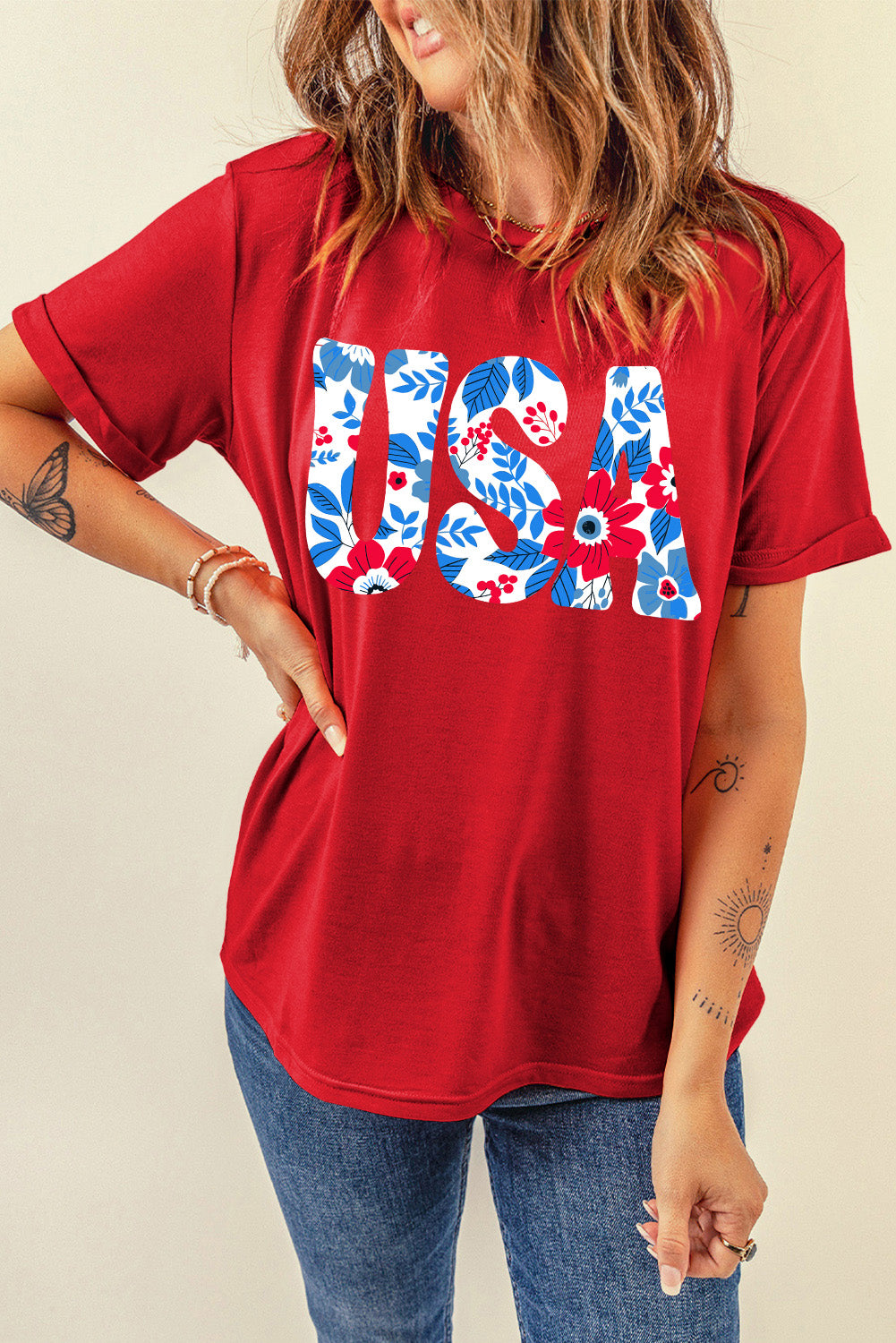 USA Round Neck Short Sleeve T-Shirt-Angel Casuals