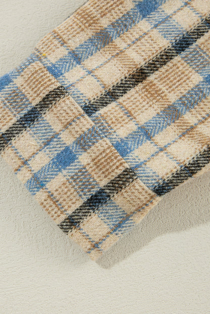 Drawstring Waffle Knit Patchwork Hooded Plaid Shacket-Angel Casuals