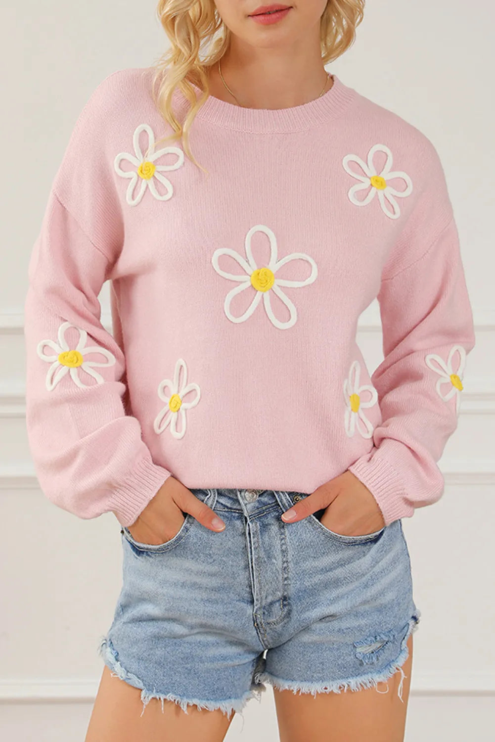 Flower Round Neck Dropped Shoulder Sweater-Angel Casuals