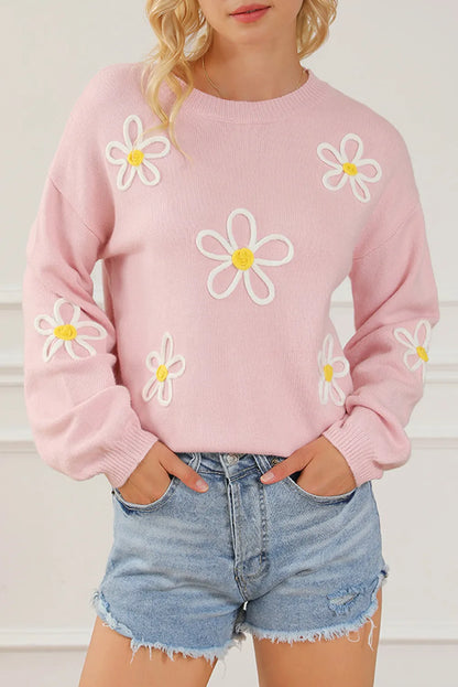 Flower Round Neck Dropped Shoulder Sweater-Angel Casuals