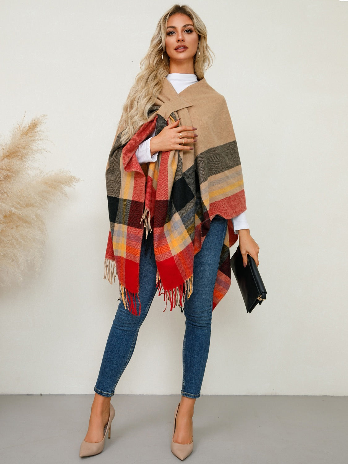 Fringe Contrast Plaid Poncho-Angel Casuals