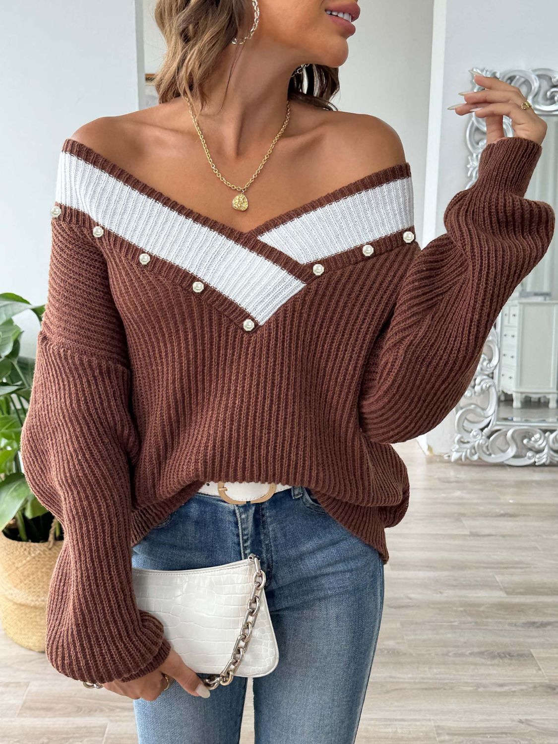 Contrast Trim Dropped Shoulder Long Sleeve Sweater-Angel Casuals