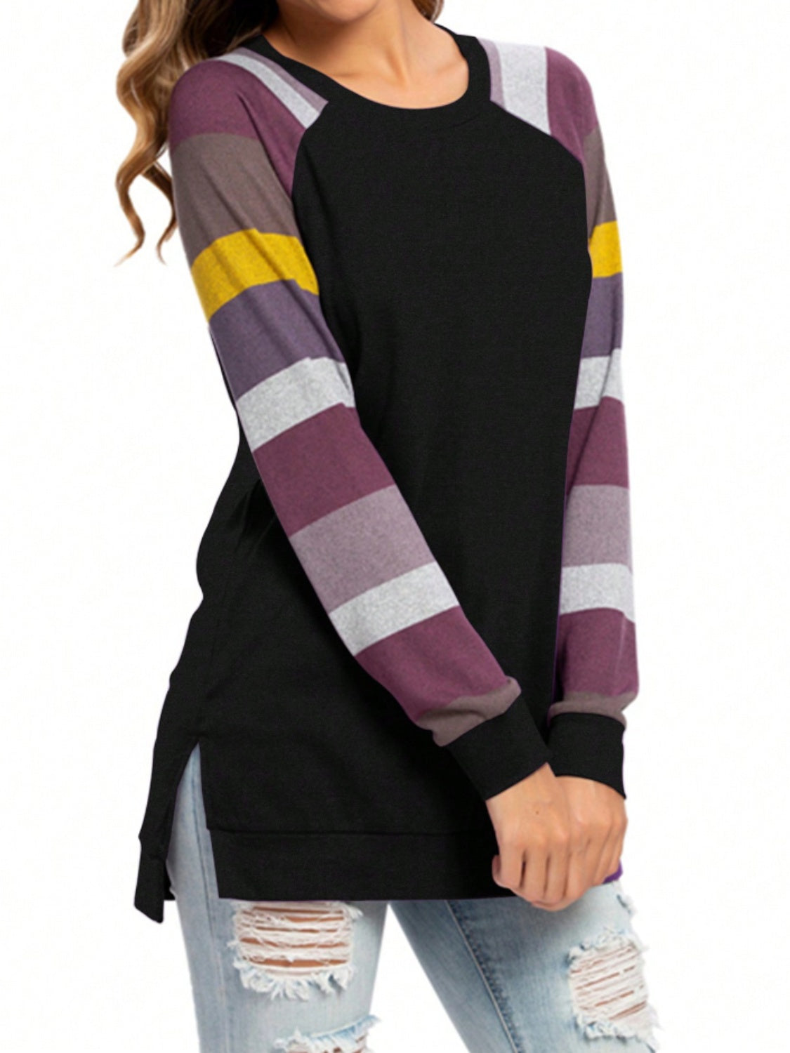 Color Block Round Neck Long Sleeve T-Shirt-Angel Casuals