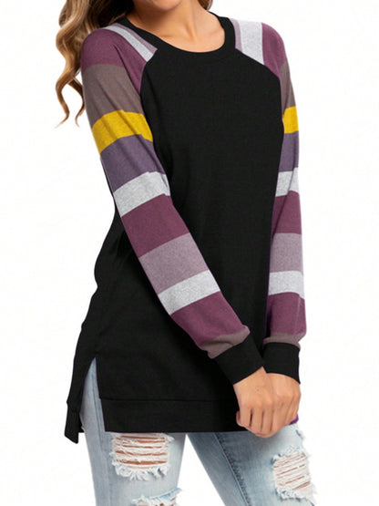 Color Block Round Neck Long Sleeve T-Shirt-Angel Casuals