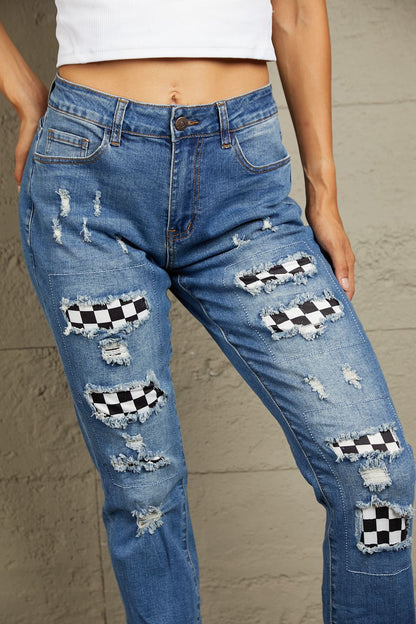 Baeful Checkered Patchwork Mid Waist Distressed Jeans-Angel Casuals