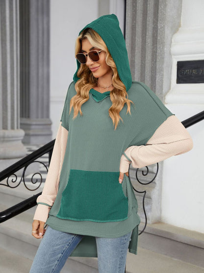 Double Take Contrast Hooded Long Sleeve Top-Angel Casuals