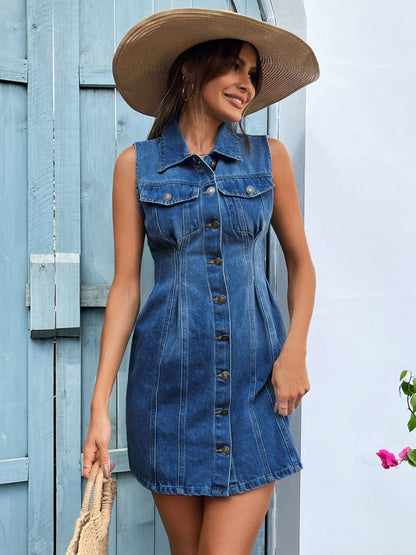 Pocketed Button Up Sleeveless Denim Dress-Angel Casuals