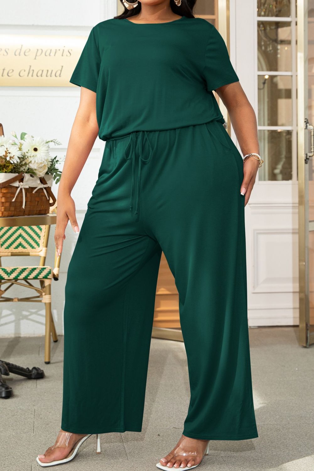 Plus Size Drawstring Waist Short Sleeve Jumpsuit-Angel Casuals