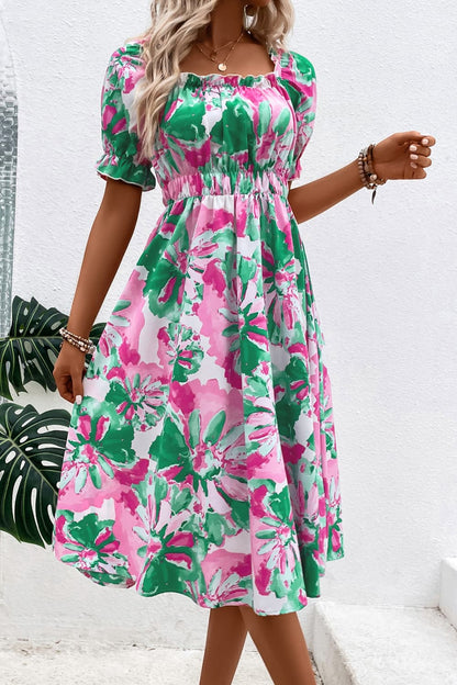 Floral Frill Trim Square Neck Dress-Angel Casuals