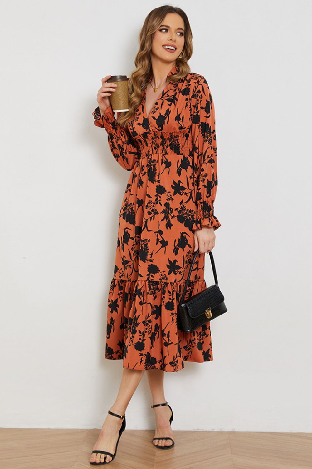 Floral Smocked Long Flounce Sleeve Dress-Angel Casuals