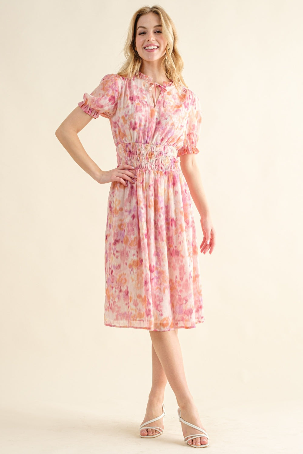 And The Why Full Size Smocked Waist Printed Midi Dress-Angel Casuals