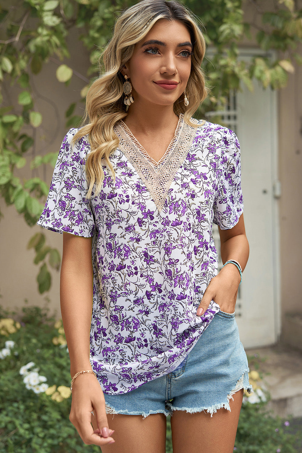 Floral V-Neck Short Sleeve T-Shirt-Angel Casuals