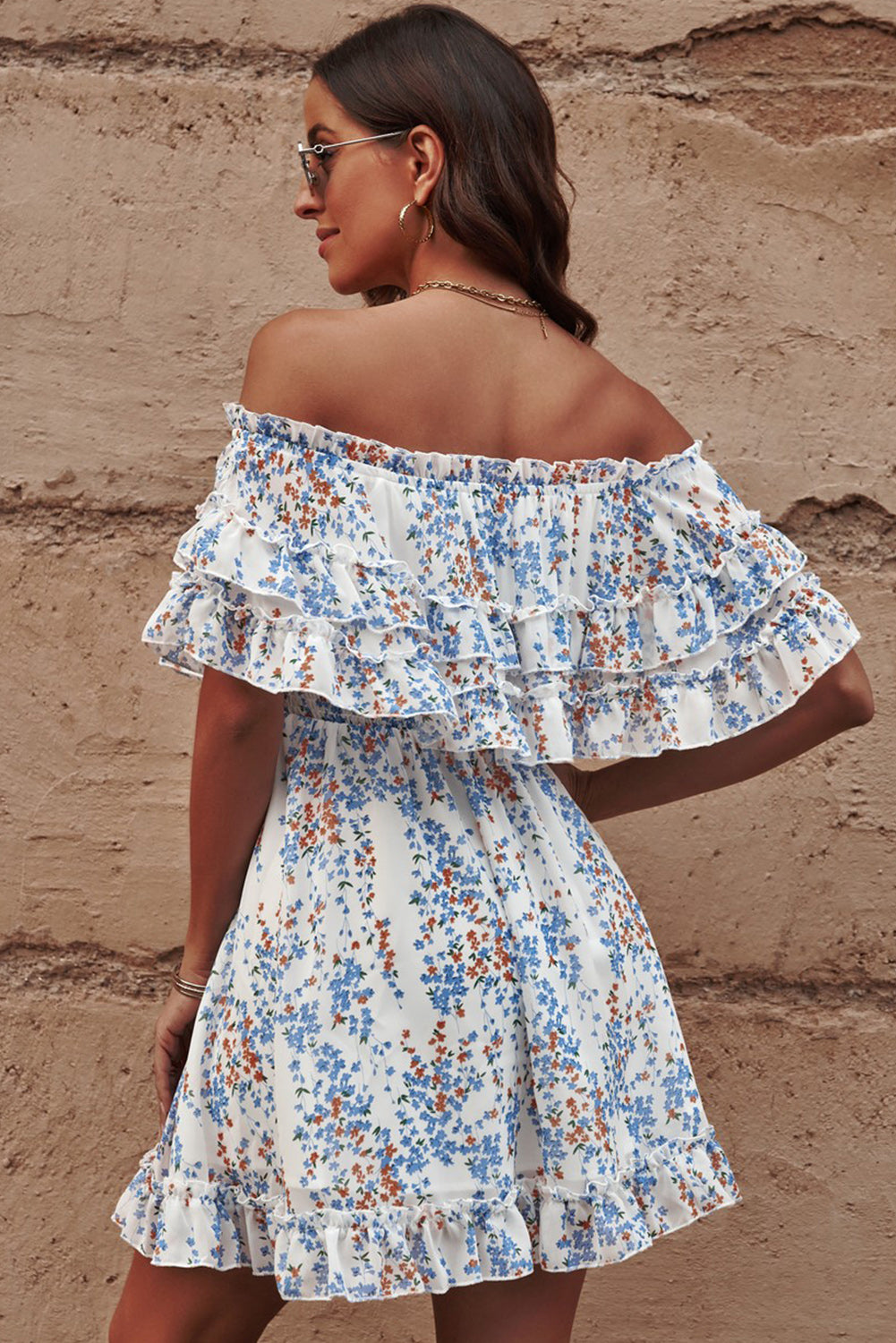 Floral Off-Shoulder Ruffle Hem Dress-Angel Casuals