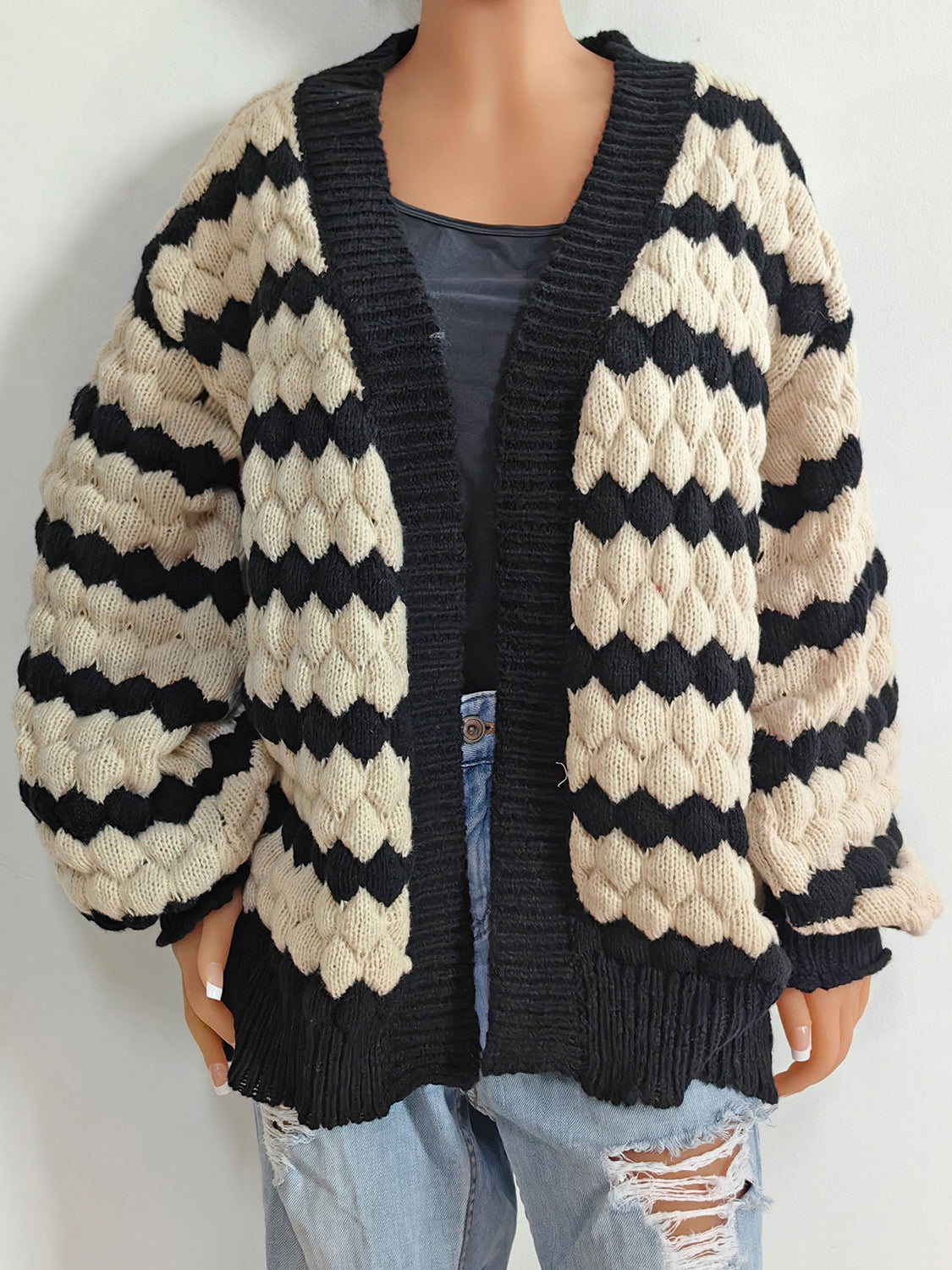 Striped Contrast Open Front Long Sleeve Cardigan-Angel Casuals