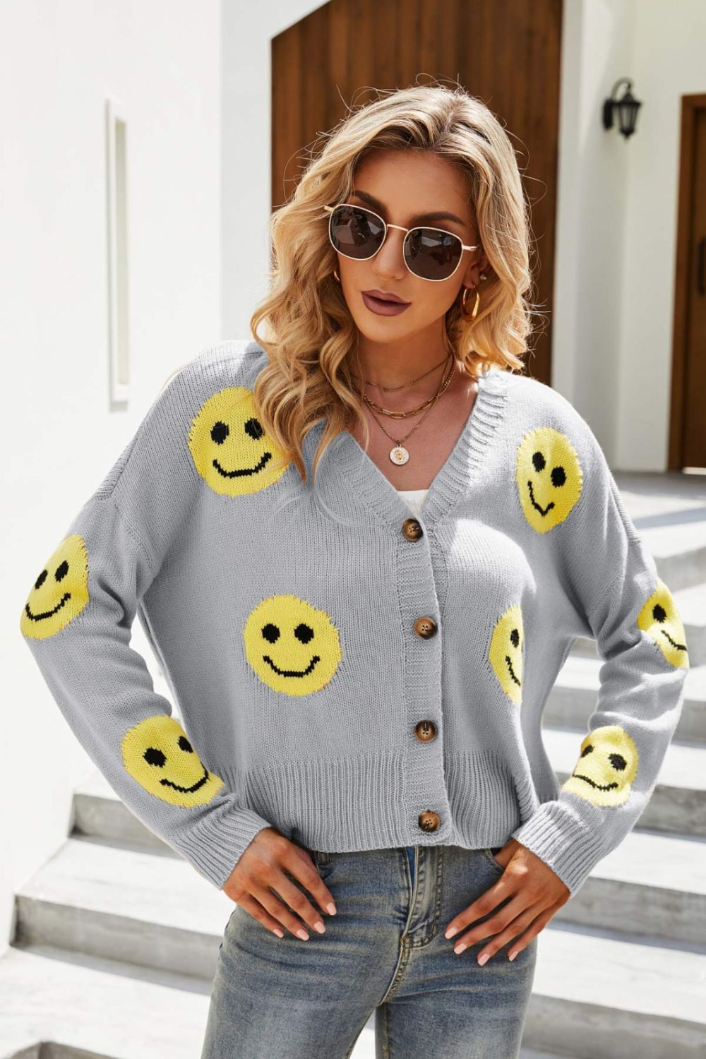 Smiley Face Ribbed Trim V-Neck Cardigan-Angel Casuals