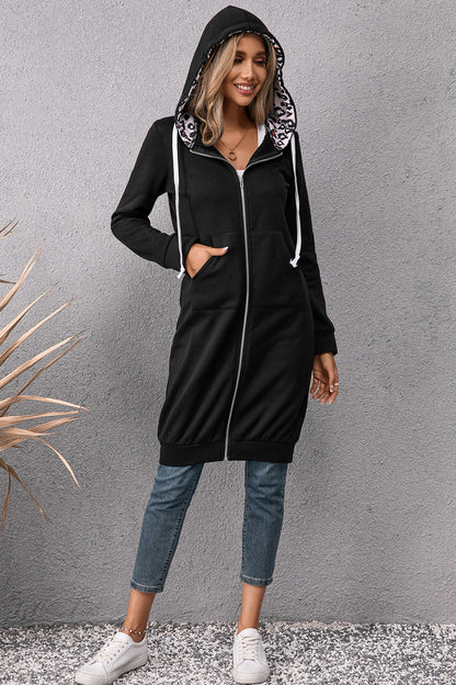 Leopard Spliced Drawstring Zip Up Hoodie Dress-Angel Casuals