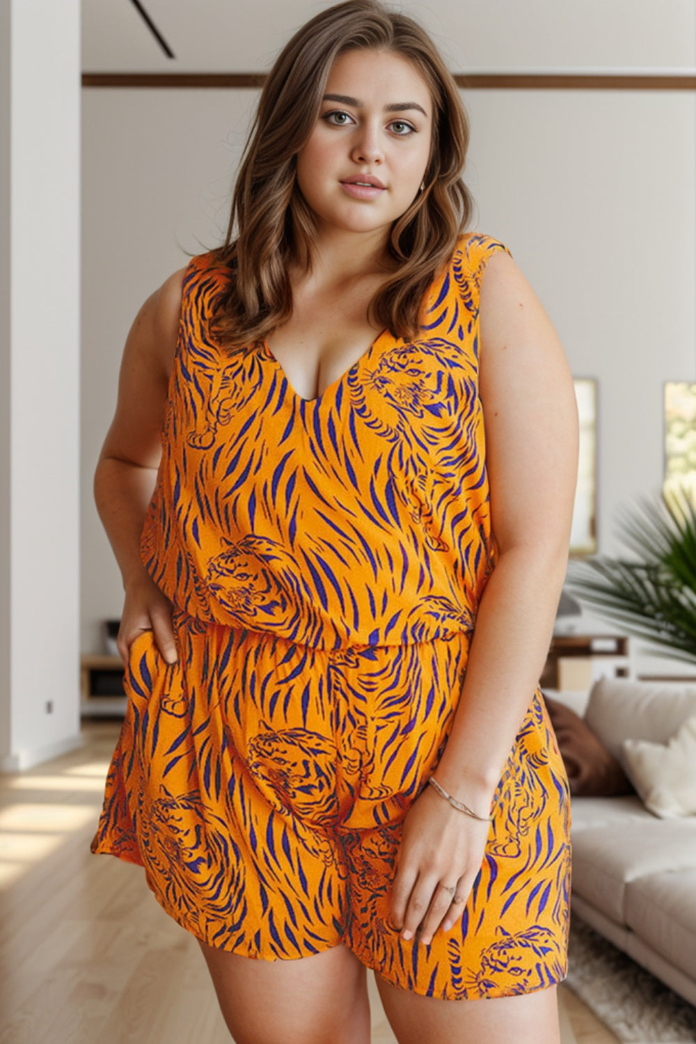 Plus Size Tiger Printed V-Neck Sleeveless Romper-Angel Casuals