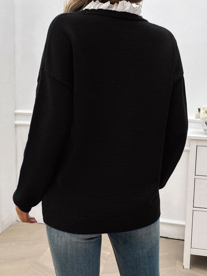 Devine Lace Detail Notched Long Sleeve Sweater-Angel Casuals