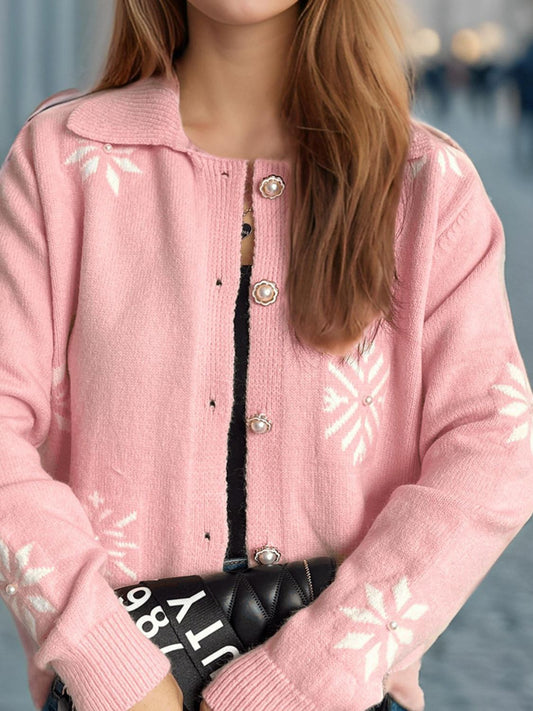 Pearl Trim Collared Neck Long Sleeve Cardigan-Angel Casuals