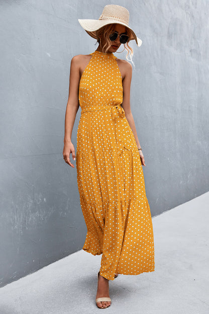 Printed Sleeveless Tie Waist Maxi Dress-Angel Casuals